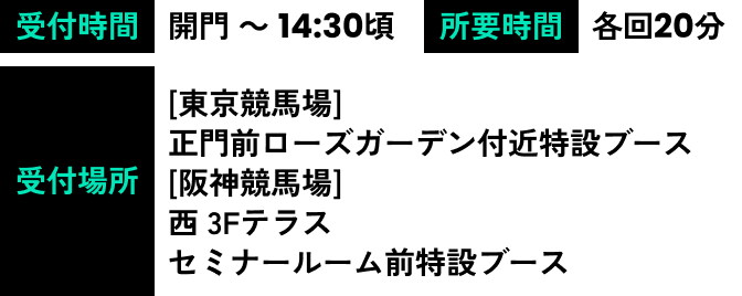 実施時間 開門 ～ 14:30頃 所要時間 約20分 受付場所 [東京競馬場]正門前ローズガーデン付近特設ブース[阪神競馬場] 西 3Fテラスセミナールーム前特設ブース