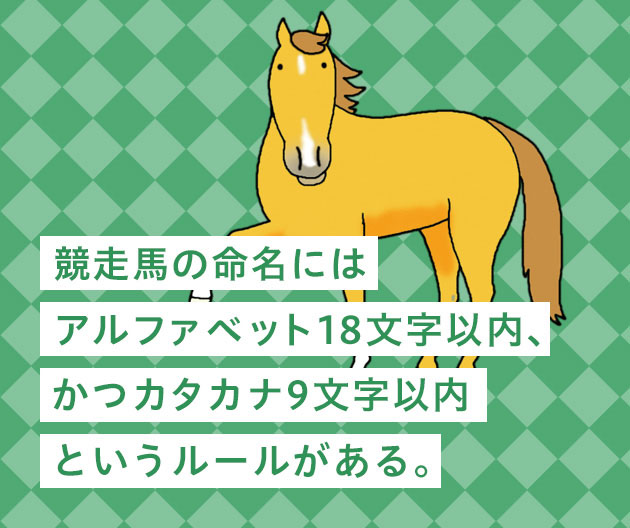 競走馬の命名にはアルファベット18文字以内、かつカタカナ9文字以内というルールがある。